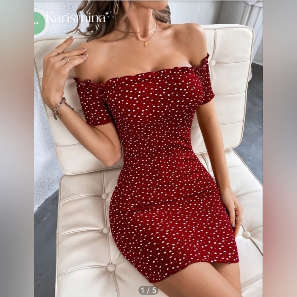 SHEIN Red Strapless Dress with White Polka Dots